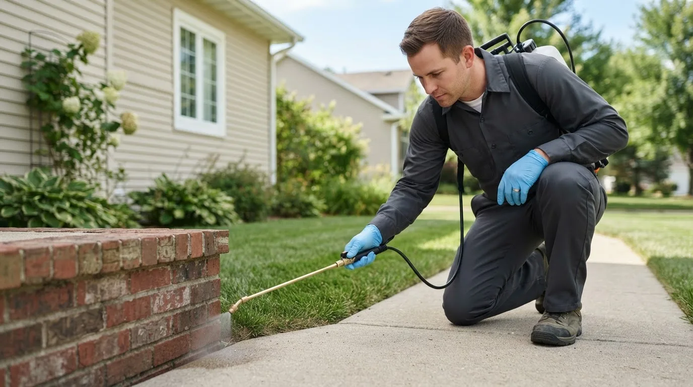 Pest control technician treating a home near Convoy, OH