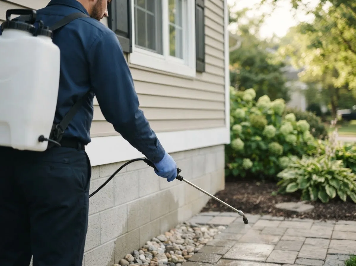 Pest control technician inspecting a home in Convoy, OH